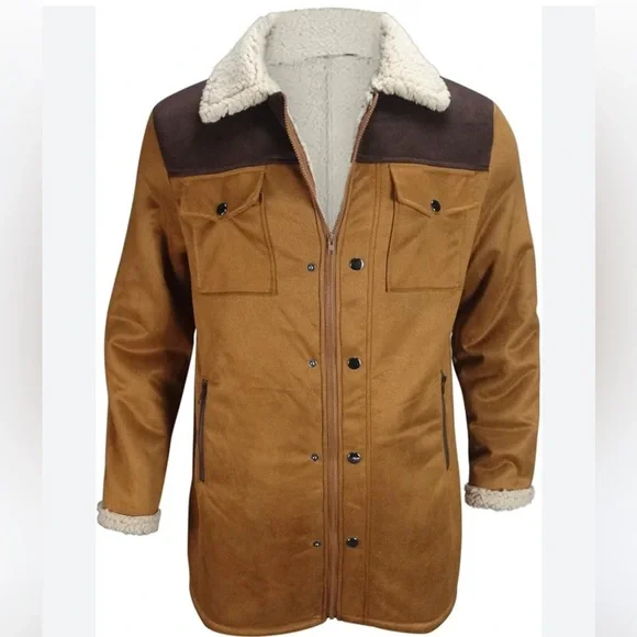 Men's Brown Faux Suede Sherpa Zippered Chore Jacket--NEW--S - Picture 2 of 15